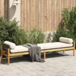 Poly Rattan Garden Bench With Cushions - Acacia - Black - 216 x 55.5 x 48cm