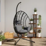 Steel & Rattan Hanging Egg Chair With Stand - Anthracite - 104 x 100 x 197cm